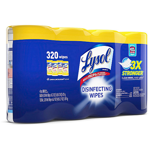 Lysol&reg; Disinfecting Wipes, Lemon Lime, 80 Wipes, 4 Canisters Lemon Lime Scent - Pre-moistened, Antibacterial, Disinfectant - White - 80/Tub - 4 / Pack (90641)