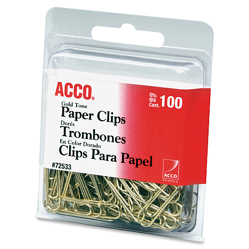 ACCO Gold Tone Paper Clips No. 2 - 1.4" Length x 0.5" Width - 10 Sheet Capacity - for Office, Home, School, Document, Paper - Sturdy, Flex Resistant, Bend Resistant - Gold - 100/Box - 4 / Pack (72554)
