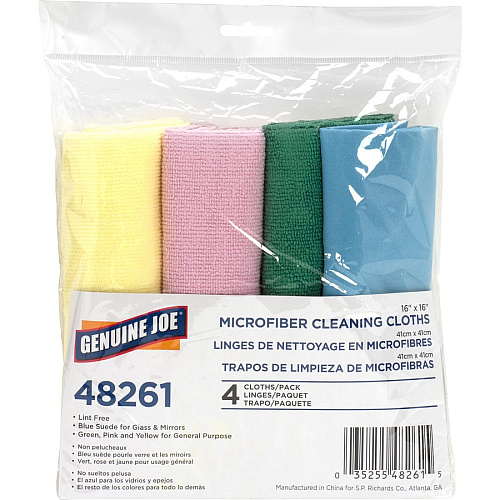 Genuine Joe Color-coded Microfiber Cleaning Cloths 16" Width x 16" Length - Assorted - MicroFiber - 4/Pack - 36 / Carton (GJO48261CT)