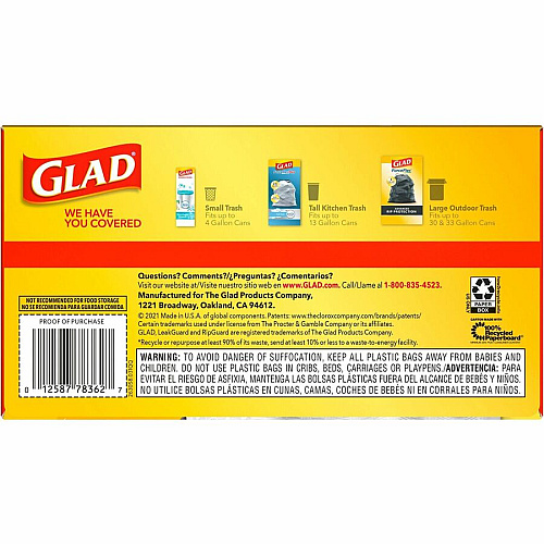 Glad ForceFlex Tall Kitchen Drawstring Trash Bags 13 gal Capacity - 24" Width x 27" Length x 1 mil (25 Micron) Thickness - Drawstring Closure - White - Plastic - Breakroom, School, Waste Disposal, Restaurant, Office, Kitchen - 45 Per Box - 6/Car (78362CT)