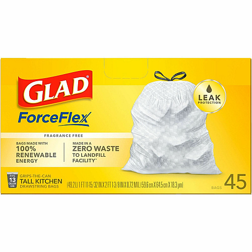 Glad ForceFlex Tall Kitchen Drawstring Trash Bags 13 gal Capacity - 24" Width x 27" Length x 1 mil (25 Micron) Thickness - Drawstring Closure - White - Plastic - Breakroom, School, Waste Disposal, Restaurant, Office, Kitchen - 45 Per Box - 6/Car (78362CT)