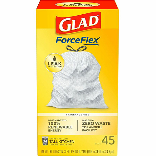 Glad ForceFlex Tall Kitchen Drawstring Trash Bags 13 gal Capacity - 24" Width x 27" Length x 1 mil (25 Micron) Thickness - Drawstring Closure - White - Plastic - Breakroom, School, Waste Disposal, Restaurant, Office, Kitchen - 45 Per Box - 6/Car (78362CT)
