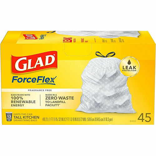 Glad ForceFlex Tall Kitchen Drawstring Trash Bags 13 gal Capacity - 24" Width x 27" Length x 1 mil (25 Micron) Thickness - Drawstring Closure - White - Plastic - Breakroom, School, Waste Disposal, Restaurant, Office, Kitchen - 45 Per Box - 6/Car (78362CT)