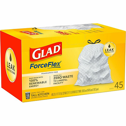 Glad ForceFlex Tall Kitchen Drawstring Trash Bags 13 gal Capacity - 24" Width x 27" Length x 1 mil (25 Micron) Thickness - Drawstring Closure - White - Plastic - Breakroom, School, Waste Disposal, Restaurant, Office, Kitchen - 45 Per Box - 6/Car (78362CT)