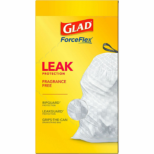 Glad ForceFlex Tall Kitchen Drawstring Trash Bags 13 gal Capacity - 24" Width x 27" Length x 1 mil (25 Micron) Thickness - Drawstring Closure - White - Plastic - Breakroom, School, Waste Disposal, Restaurant, Office, Kitchen - 45 Per Box - 6/Car (78362CT)