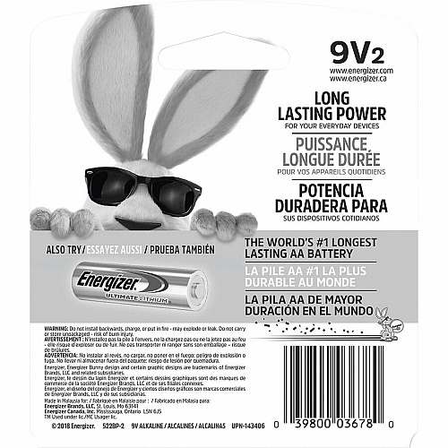 Energizer 9-Volt MAX Alkaline Batteries, 2-Packs For Multipurpose - 9V - 595 mAh - 9 V DC - 2/Pack - 48 / Carton (522BP2CT)