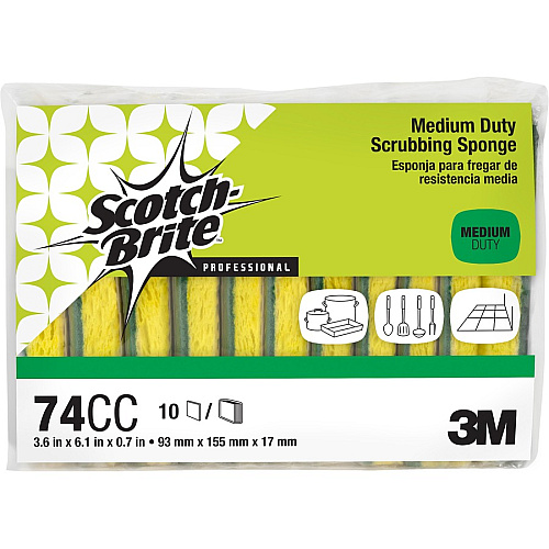 Scotch-Brite Medium-Duty Scrub Sponges 3.5" Height x 6.3" Width x 6.1" Length x 700 mil Thickness - 10/Pack - 6 / Carton - Cellulose, Synthetic Fiber - Yellow, Green (74CCCT)