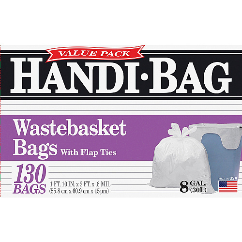 Berry Handi-Bag Wastebasket Bags Small Size - 8 gal Capacity - 24" Length x 21.50" Width x 0.60 mil (15 Micron) Thickness - White - Hexene Resin - Home, Office - 130/Box - 6 / Carton (HAB6FW130CT)