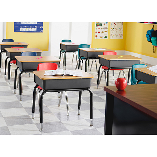 Lorell Adjustable-Height Student Desks with Book Box Medium Oak Rectangle Top - Height Adjustable - 22" to 30" Adjustment - 18" Table Top Width x 24" Table Top Depth - 30" Height - Assembly Required - Black - Plastic - 2 / Carton (LLR99893)