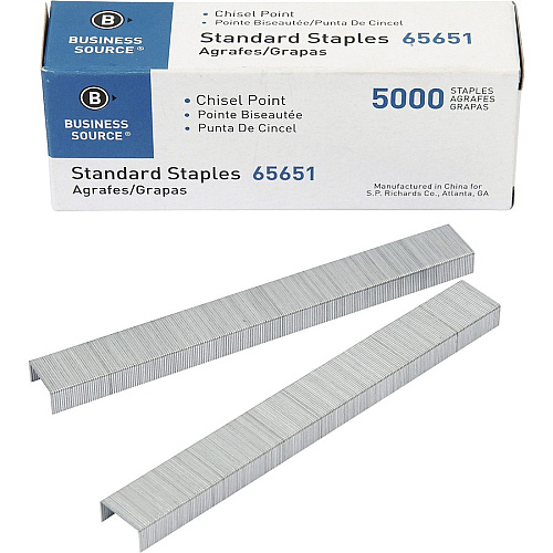 Business Source Chisel Point Standard Staples Standard - 1/4" Leg - 1/2" Crown - Holds 30 Sheet(s) - for Paper - Chisel Point - Silver - Galvanized Iron - 210 Per Strip - 5000/Box - 5 / Pack (BSN65651)