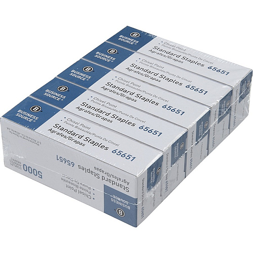 Business Source Chisel Point Standard Staples Standard - 1/4" Leg - 1/2" Crown - Holds 30 Sheet(s) - for Paper - Chisel Point - Silver - Galvanized Iron - 210 Per Strip - 5000/Box - 5 / Pack (BSN65651)