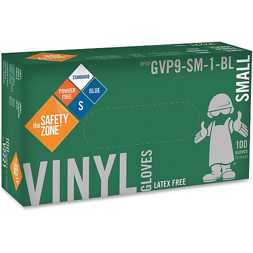 Safety Zone General-purpose Powder-free Vinyl Gloves 3 mil Thickness - Small Size - For Right/Left Hand - Blue - Latex-free, DEHP-free, DINP-free, PFAS-free - For Janitorial Use, Cosmetics, Painting, Cleaning, General Purpose, Pet Care - 100 / (GVP9SM1BL)