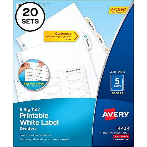 Avery&reg; Big Tab Printable White Label Dividers 20 x Divider(s) - 100 Tab(s) - 5 - 5 Tab(s)/Set - 8.5" Divider Width x 11" Divider Length - 3 Hole Punched - White Paper Divider - White Paper Tab(s) - 20% - Hole-punched, Printable, Easy Peel, Rei (14434)