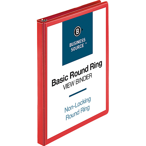 Business Source Round Ring Binder 1/2" Binder Capacity - Fastener(s): Round Ring - Pocket(s): 2, Internal - Red - Clear Overlay, Labeling Area - 1 Each (BSN09965)