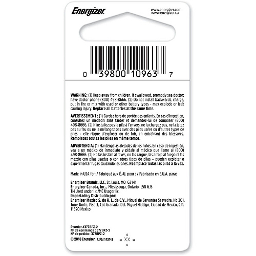 Energizer 377 Watch/Electronic Battery For Multipurpose - SR66 - 24 mAh - 1.55 V DC - 2 / Pack (377BPZ2)
