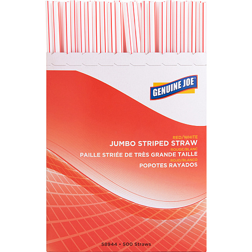 Genuine Joe Jumbo Striped Straws 7.8" Length - Plastic - Red, White - 500 / Box (GJO58944)