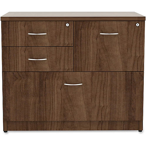 Lorell Essentials Series Box/Box/File Lateral File x 1" Thickness Side Panel, 29.5" Height x 35.5" Width x 22" Depth Lateral File - 4 x Box, File Drawer(s) - Walnut Laminate Table Top - Versatile, Ball Bearing Glide, Drawer Extension, Security  (LLR69542)
