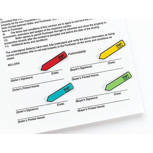 Post-it&reg; Post-it Printed Message Flags Value Pack 1/2" Flag/Note Width x 1 3/4" Flag/Note Length - Arrow - SIGN HERE - Assorted - Self-stick, Repositionable, Removable - Dispenser Included - 240 / Pack (684SHVA)