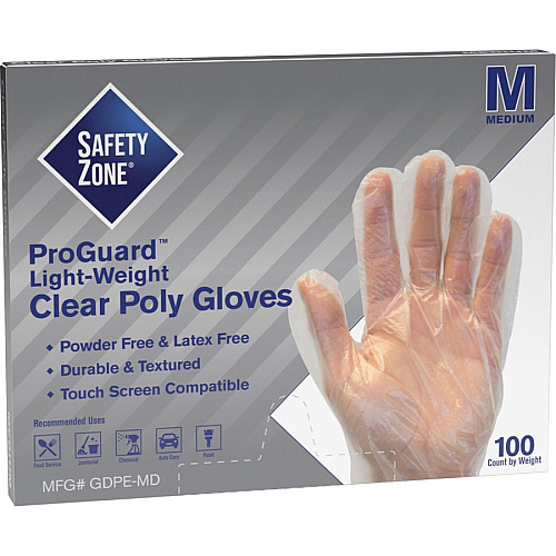 Safety Zone Clear Powder Free Polyethylene Gloves 11.75" Glove Length - Medium Size - Clear - Die Cut, Heat Sealed Edge, Embossed Grip, Latex-free, Silicone-free, Recyclable - For Food - 100 / Pack (GDPEMD)