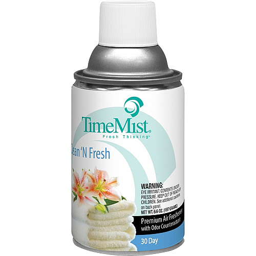 TimeMist Metered 30-Day Clean/Fresh Scent Refill Spray - 6000 ft³ - 6.6 fl oz (0.2 quart) - Fresh-N-Clean - 30 Day - Long Lasting, Odor Neutralizer - 12 / Carton (1042771CT)