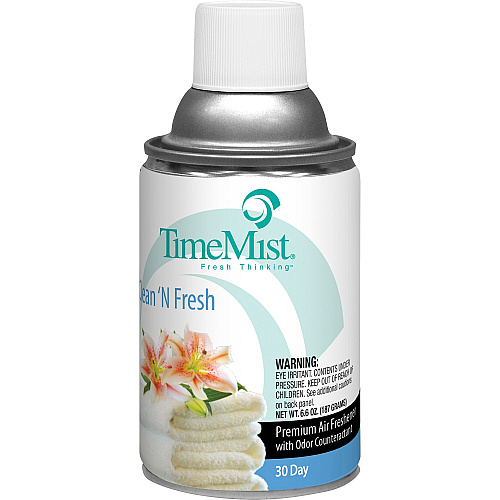 TimeMist Metered 30-Day Clean/Fresh Scent Refill Spray - 6000 ft³ - 6.6 fl oz (0.2 quart) - Fresh-N-Clean - 30 Day - Long Lasting, Odor Neutralizer - 12 / Carton (1042771CT)