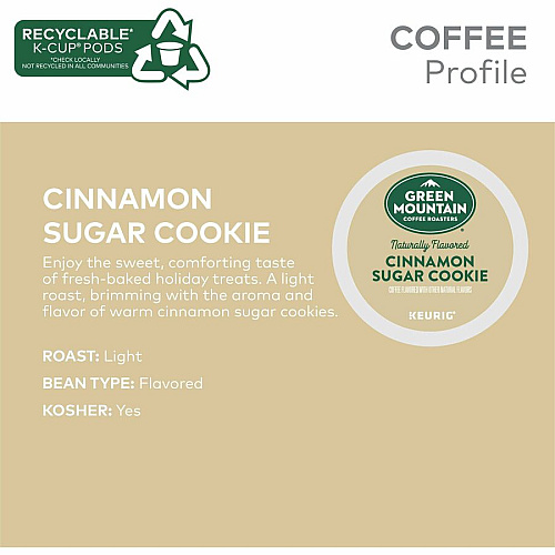 Green Mountain Coffee Roasters&reg; K-Cup Cinnamon Sugar Cookie Coffee Compatible with Keurig Brewer - Regular - Light - K-Cup, Pod - Cinnamon Sugar Cookie - Kosher - 24 / Pack (79742)