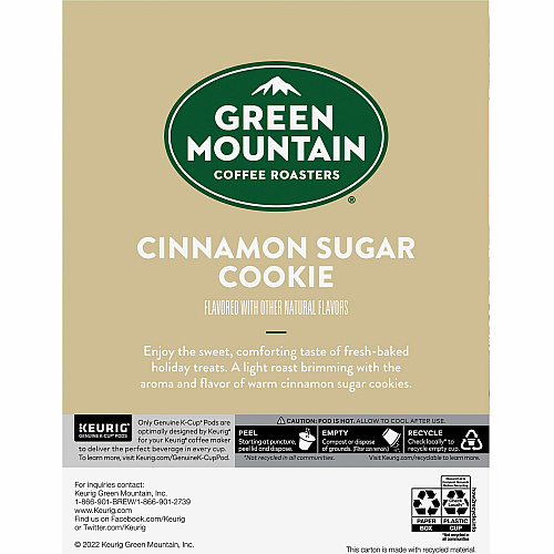 Green Mountain Coffee Roasters&reg; K-Cup Cinnamon Sugar Cookie Coffee Compatible with Keurig Brewer - Regular - Light - K-Cup, Pod - Cinnamon Sugar Cookie - Kosher - 24 / Pack (79742)