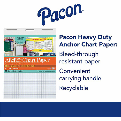 Pacon Heavy Duty Anchor Chart Paper 25 Sheets - Grid Ruled Front Ruling - 1" Ruled - 1 Horizontal Squares - 1 Vertical Squares - 27" x 34" Sheet Size - White Paper - 4 / Carton (3372)