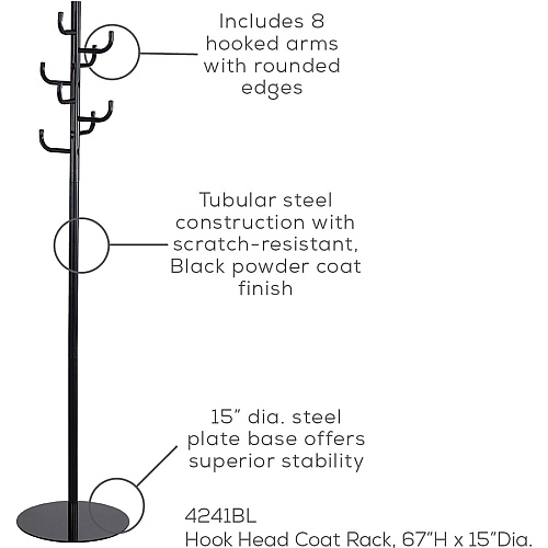 Safco Hook Head Coat Rack 8 Hooks - 67" Height - for Coat, Jacket, Purse, Hat, Garment - Tubular Steel - Black - Powder Coated - 1 Each (4241BL)