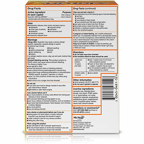 Motrin IB Ibuprofen Tablets For Headache, Muscular Pain, Backache, Toothache, Arthritis, Common Cold, Menstrual Cramp, Fever - 2/Pack - 50 / Box (48152)