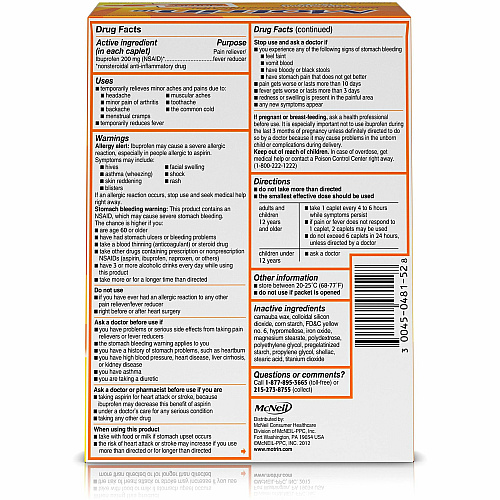 Motrin IB Ibuprofen Tablets For Headache, Muscular Pain, Backache, Toothache, Arthritis, Common Cold, Menstrual Cramp, Fever - 2/Pack - 50 / Box (48152)