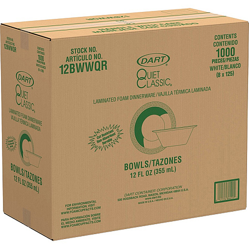 Dart Quiet Classic 12 oz Laminated Foam Bowls Serving - White - Foam, Plastic Body - 125/Pack - 8 / Carton (12BWWQRCT)