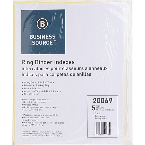 Business Source Buff Stock Ring Binder Indexes 8 x Divider(s) - Blank Tab(s) - 8 Tab(s)/Set - 1.25" Tab Width - 8.5" Divider Width x 11" Divider Length - Letter - 3 Hole Punched - Clear Buff Paper Divider - Clear Tab(s) - 50 / Box (BSN20069BX)