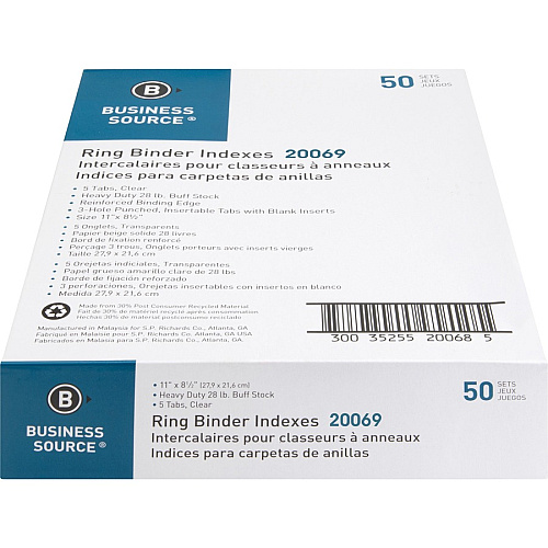 Business Source Buff Stock Ring Binder Indexes 8 x Divider(s) - Blank Tab(s) - 8 Tab(s)/Set - 1.25" Tab Width - 8.5" Divider Width x 11" Divider Length - Letter - 3 Hole Punched - Clear Buff Paper Divider - Clear Tab(s) - 50 / Box (BSN20069BX)