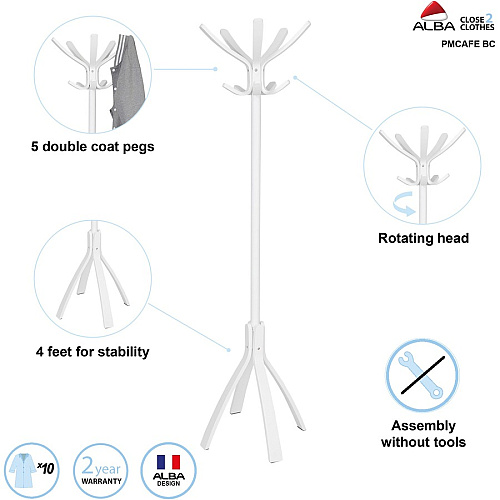 Alba Coat Stand 5 Hooks - 10 Pegs - 70.5" Height - for Coat, Clothes, Accessories - Wood - White - 1 Each (PMCAFEBC)