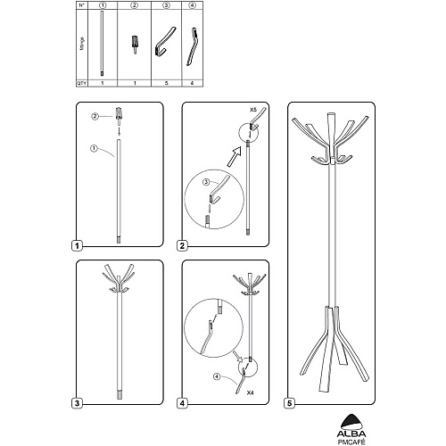 Alba Coat Stand 5 Hooks - 10 Pegs - 70.5" Height - for Coat, Clothes, Accessories - Wood - White - 1 Each (PMCAFEBC)