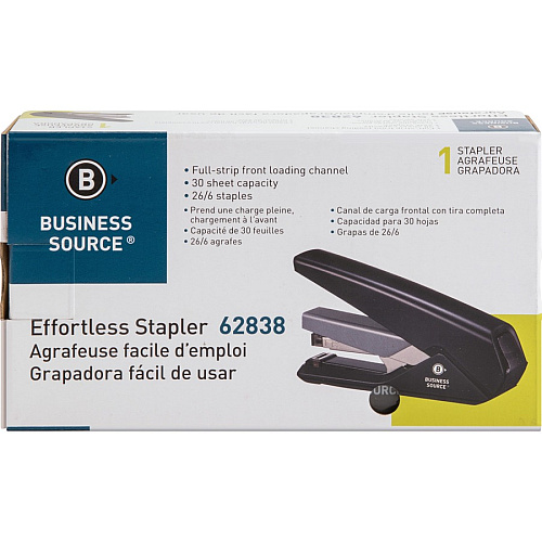 Business Source Full Strip Flat-Clinch Stapler Staples Upto 30 Sheet of 20lb Paper - Holds Upto 210 Staple - Full Strip - Staple Size: 0.25" - Front Loading - Black - 1 Each (BSN62838)