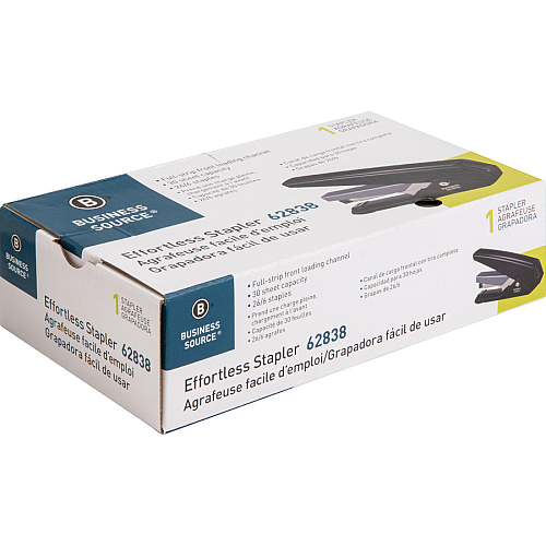 Business Source Full Strip Flat-Clinch Stapler Staples Upto 30 Sheet of 20lb Paper - Holds Upto 210 Staple - Full Strip - Staple Size: 0.25" - Front Loading - Black - 1 Each (BSN62838)