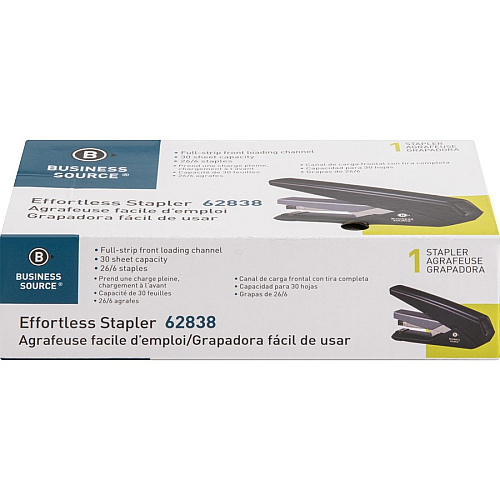 Business Source Full Strip Flat-Clinch Stapler Staples Upto 30 Sheet of 20lb Paper - Holds Upto 210 Staple - Full Strip - Staple Size: 0.25" - Front Loading - Black - 1 Each (BSN62838)