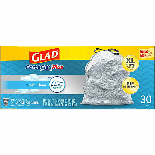 Glad ForceFlexPlus X-Large Kitchen Drawstring Trash Bags Fresh Clean with Febreze Freshness - Large Size - 20 gal Capacity - 32.01" Length x 24.02" Width - Drawstring Closure - Gray - Garbage, Kitchen, Office, Home - 30/Box - 1 Each (78913)
