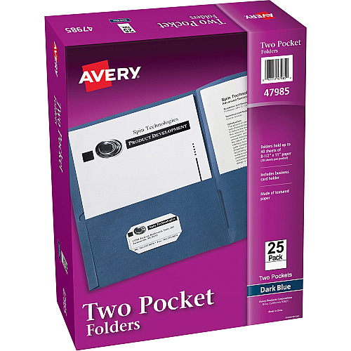 Avery&reg; Letter Pocket Folder 8 1/2" x 11" - 40 Sheets Capacity - 2 Internal Pocket(s) - Embossed Paper - Dark Blue - Embossed - 25/Box - 5 / Carton (47985CT)