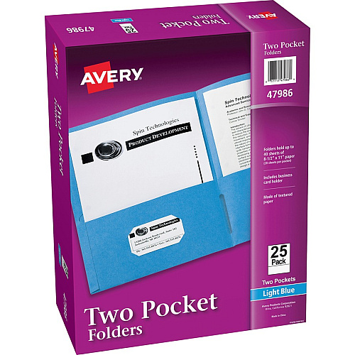 Avery&reg; Letter Pocket Folder 8 1/2" x 11" - 40 Sheets Capacity - 2 Internal Pocket(s) - Light Blue - Embossed - 25/Box - 5 / Carton (47986CT)
