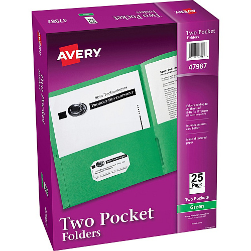 Avery&reg; Letter Pocket Folder 8 1/2" x 11" - 40 Sheets Capacity - 2 Internal Pocket(s) - Embossed Paper - Green - Embossed - 25/Box - 5 / Carton (47987CT)