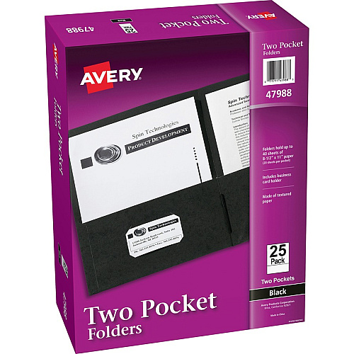 Avery&reg; Letter Pocket Folder 8 1/2" x 11" - 40 Sheets Capacity - 2 Internal Pocket(s) - Embossed Paper - Black - Embossed - 25/Box - 5 / Carton (47988CT)