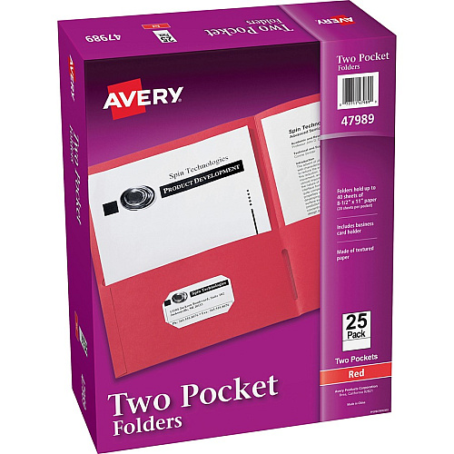 Avery&reg; Letter Pocket Folder 8 1/2" x 11" - 40 Sheets Capacity - 2 Internal Pocket(s) - Embossed Paper - Red - Embossed - 25/Box - 5 / Carton (47989CT)