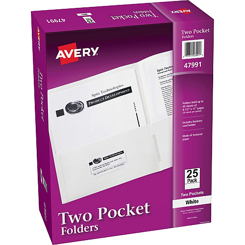 Avery&reg; Letter Pocket Folder 8 1/2" x 11" - 40 Sheets Capacity - 2 Internal Pocket(s) - Embossed Paper - White - Embossed - 25/Box - 5 / Carton (47991CT)