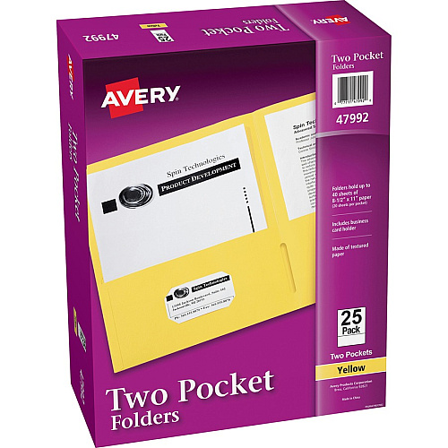Avery&reg; Letter Pocket Folder 8 1/2" x 11" - 40 Sheets Capacity - 2 Internal Pocket(s) - Embossed Paper - Yellow - Embossed - 25/Box - 5 / Carton (47992CT)