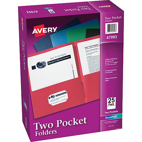 Avery&reg; Letter Pocket Folder 8 1/2" x 11" - 40 Sheets Capacity - 2 Internal Pocket(s) - Embossed Paper - Assorted - Embossed - 25/Box - 5 / Carton (47993CT)