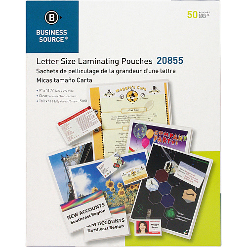 Business Source Letter Size Laminating Pouches Sheet Size Supported: Letter 8.50" Width x 11" Length - Laminating Pouch/Sheet Size: 9" Width x 11.50" Length x 5 mil Thickness - for Photo, Document, ID Badge, Recipe - Pre-trimmed - Clear - 50/ (BSN20855BD)