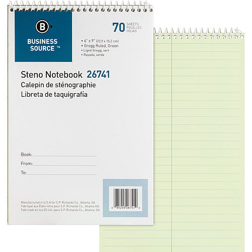 Business Source Steno Notebook 70 Sheets - Wire Bound - Gregg Ruled Margin - 15 lb Basis Weight - 6" x 9" Sheet Size - Green Paper - Stiff-back - 12 / Pack (BSN26741PK)